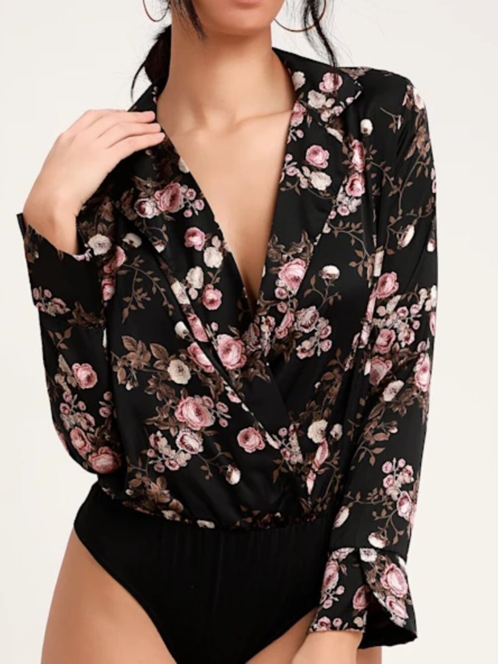 Lulus Lylah Black Floral Print Satin Long Sleeve Bodysuit